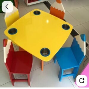 Kids Pencil Design Activity Table Set with 4 Chairs & Built-in Cup Holders