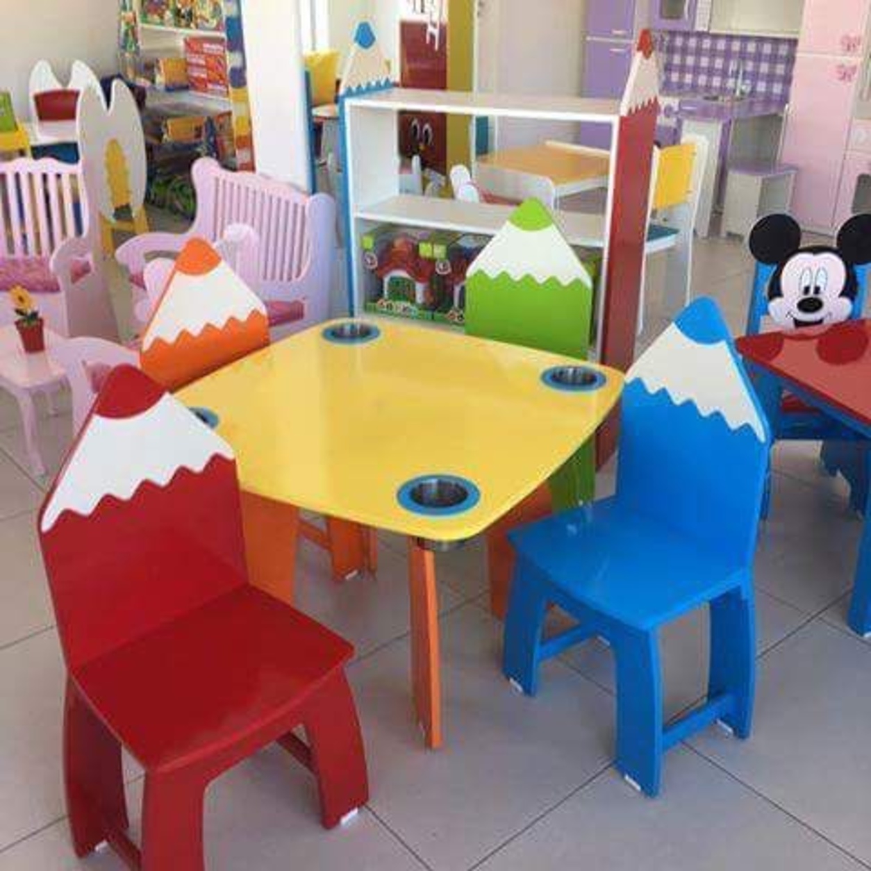 Kids Pencil Design Activity Table Set with 4 Chairs & Built-in Cup Holders - Image 2
