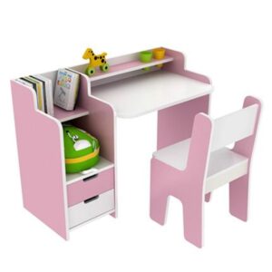 Study Table & Chair Set with Bookshelf and Storage Drawers | Pink & White