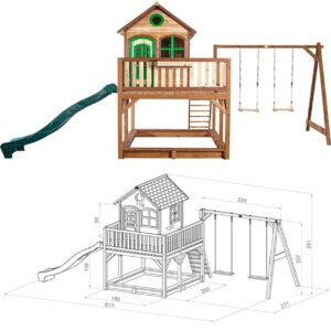 Premium Wooden Outdoor Playhouse with Double Swing Set, Wave Slide & Sandbox