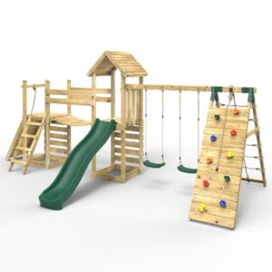 Outdoor Adventure Playground with Double Swings, Climbing Wall, Slide & Play Tower | Kids Play System