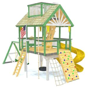 Luxury Wooden Outdoor Playhouse with Spiral Slide, Climbing Wall, Tire Swing & Double Swings