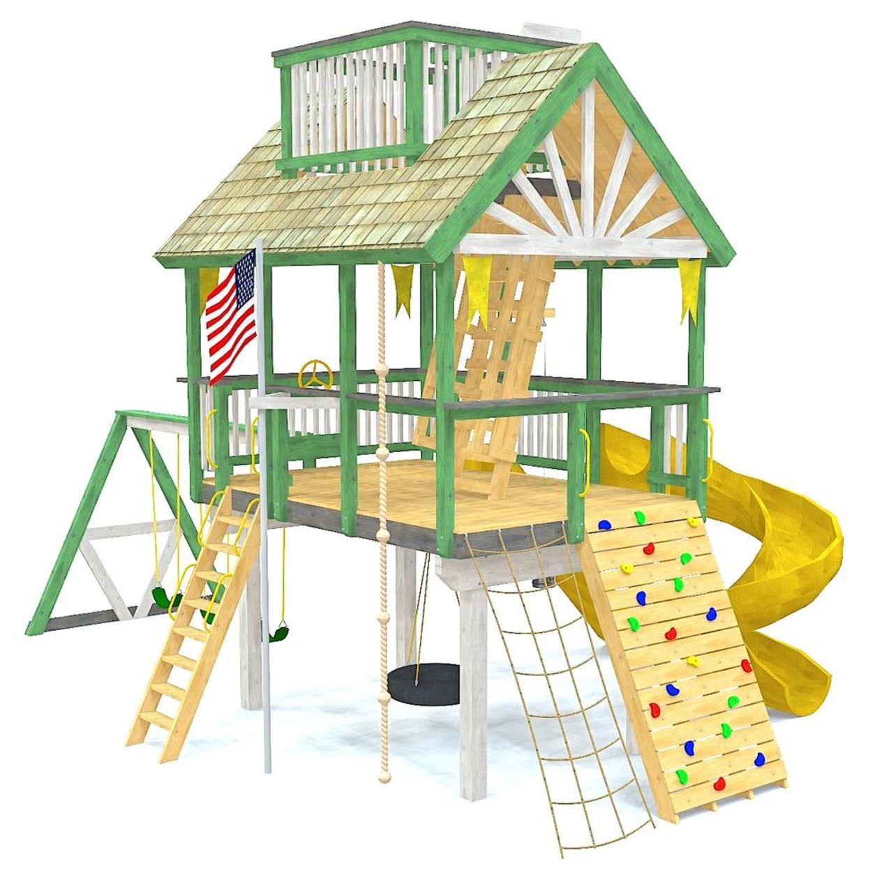 Luxury Wooden Outdoor Playhouse with Spiral Slide, Climbing Wall, Tire Swing & Double Swings