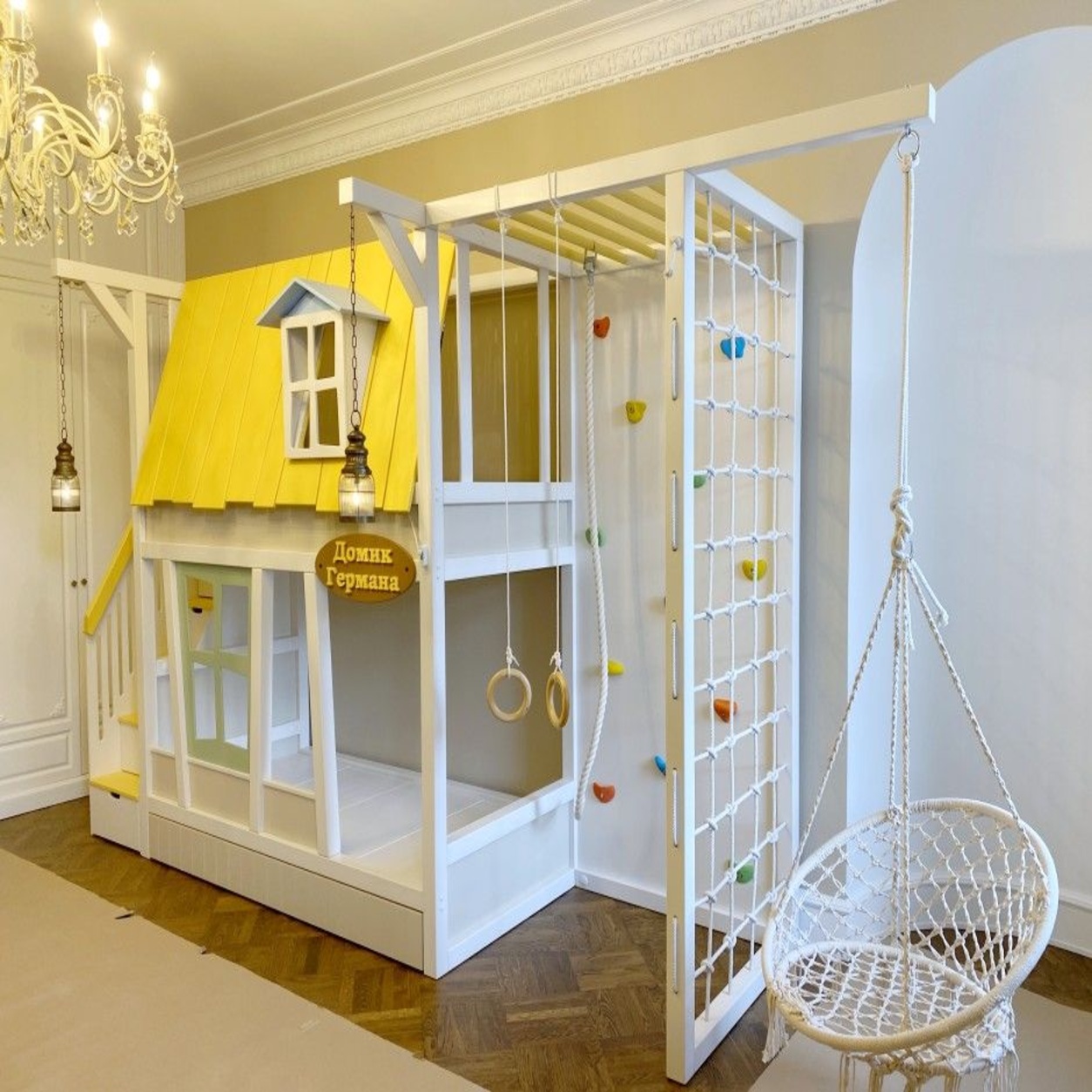 Luxury Kids House Loft Bed with Indoor Playground, Climbing Wall, Rope Net & Swings