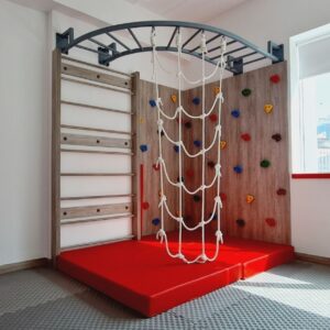 Indoor Kids Climbing Gym Set with Monkey Bars, Climbing Wall, Swedish Ladder & Rope Net