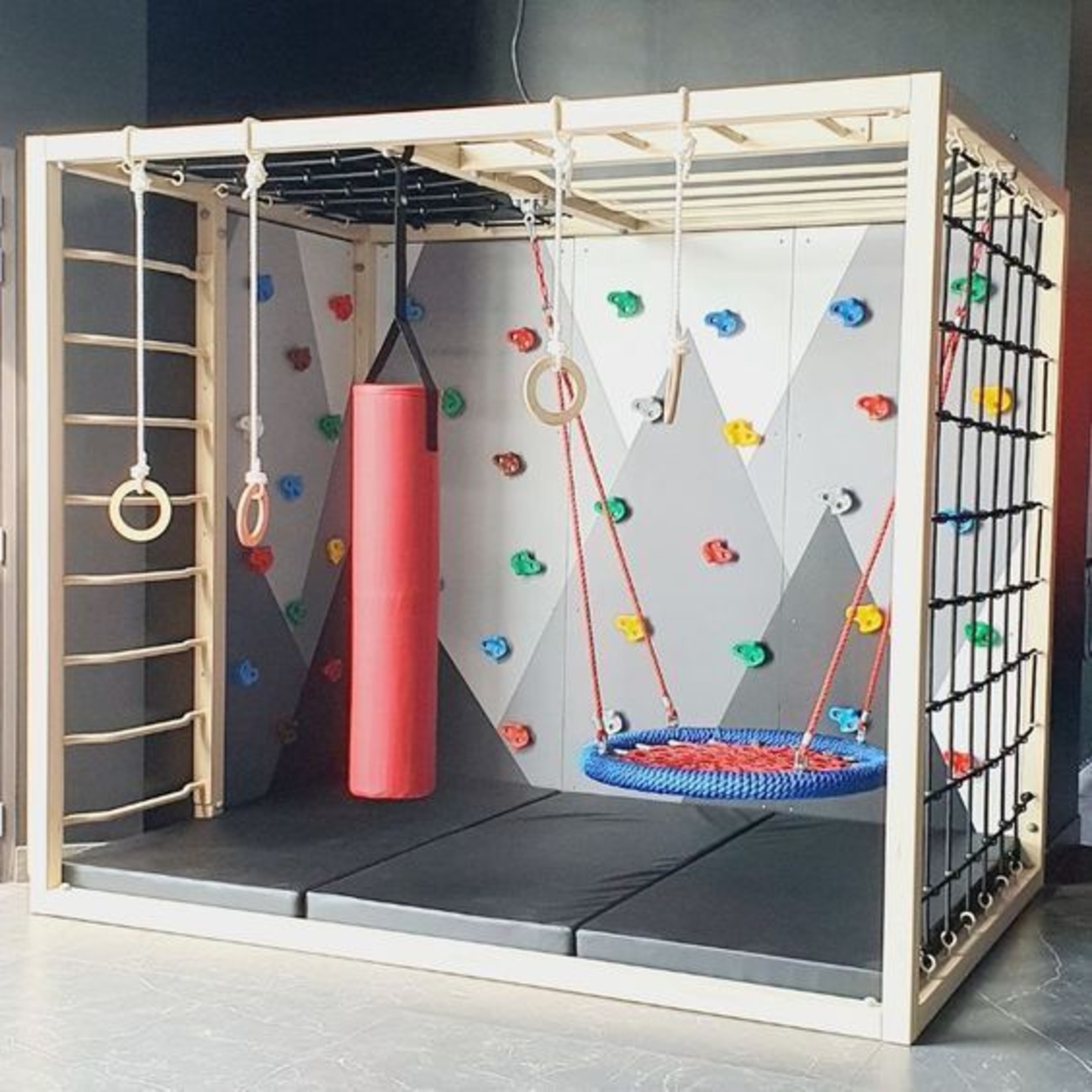 Indoor Kids Jungle Gym with Climbing Wall, Monkey Bars, Rope Ladder, Nest Swing & Punching Bag