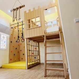 Luxury Montessori Loft Bed with Climbing Wall, Rope Net & Gym Rings