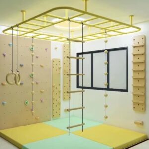 Indoor Ceiling Monkey Bars & Climbing Gym Set with Rock Wall, Rope Ladder, Gym Rings & Peg Board