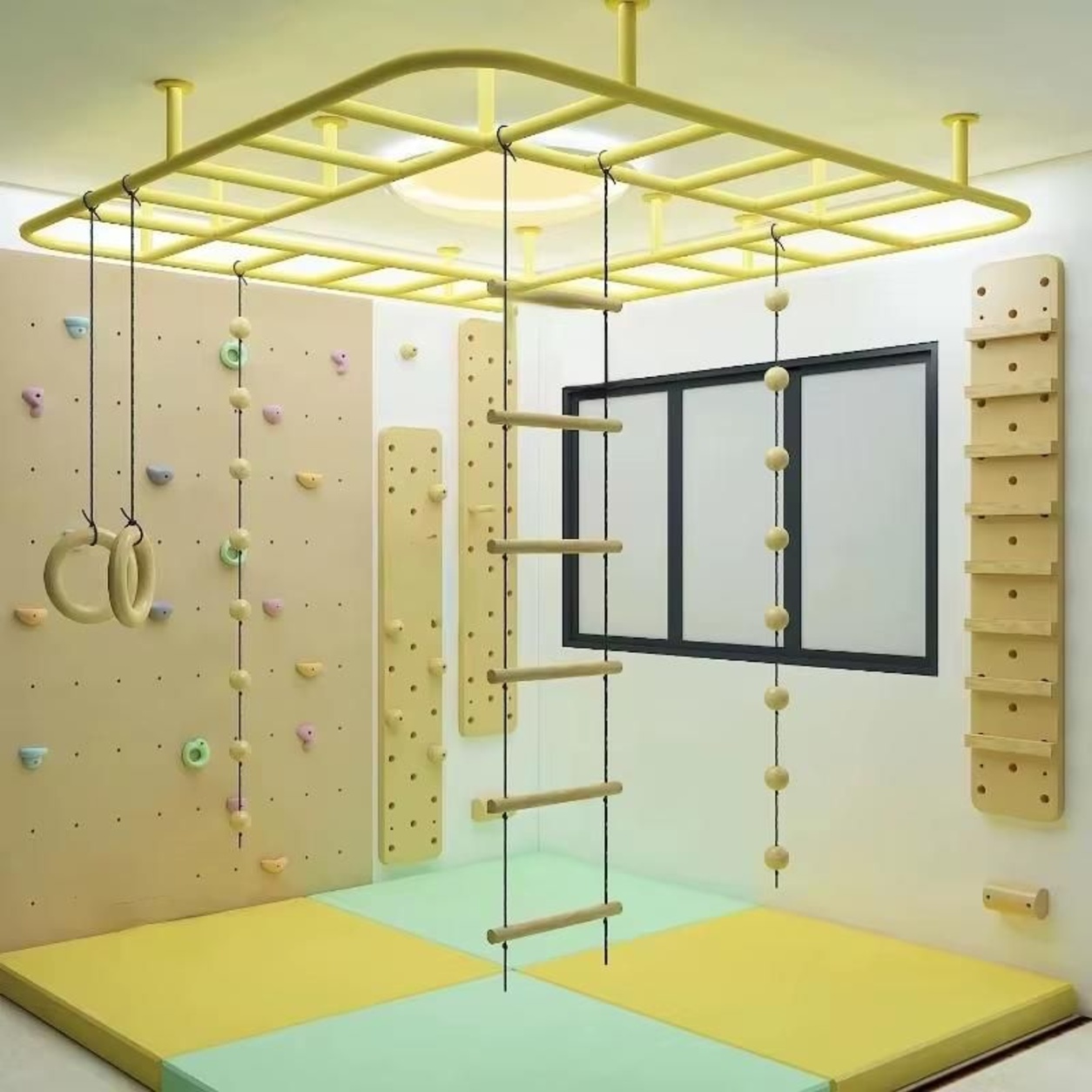 Indoor Ceiling Monkey Bars & Climbing Gym Set with Rock Wall, Rope Ladder, Gym Rings & Peg Board