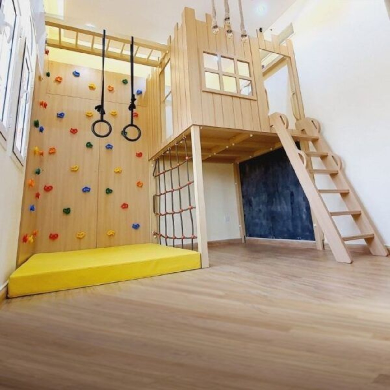 Luxury Montessori Loft Bed with Climbing Wall, Rope Net & Gym Rings - Image 2
