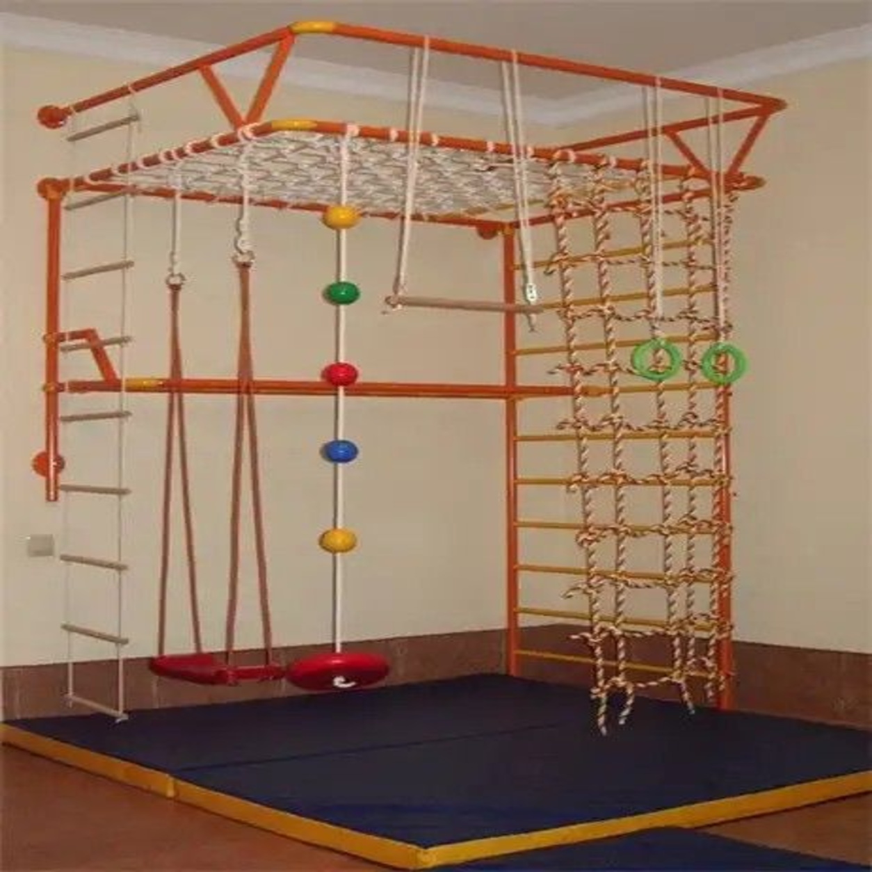 Indoor Kids Jungle Gym with Rope Climbing Net, Gym Rings, Monkey Bars, Rope Swing & Sensory Climbing Frame