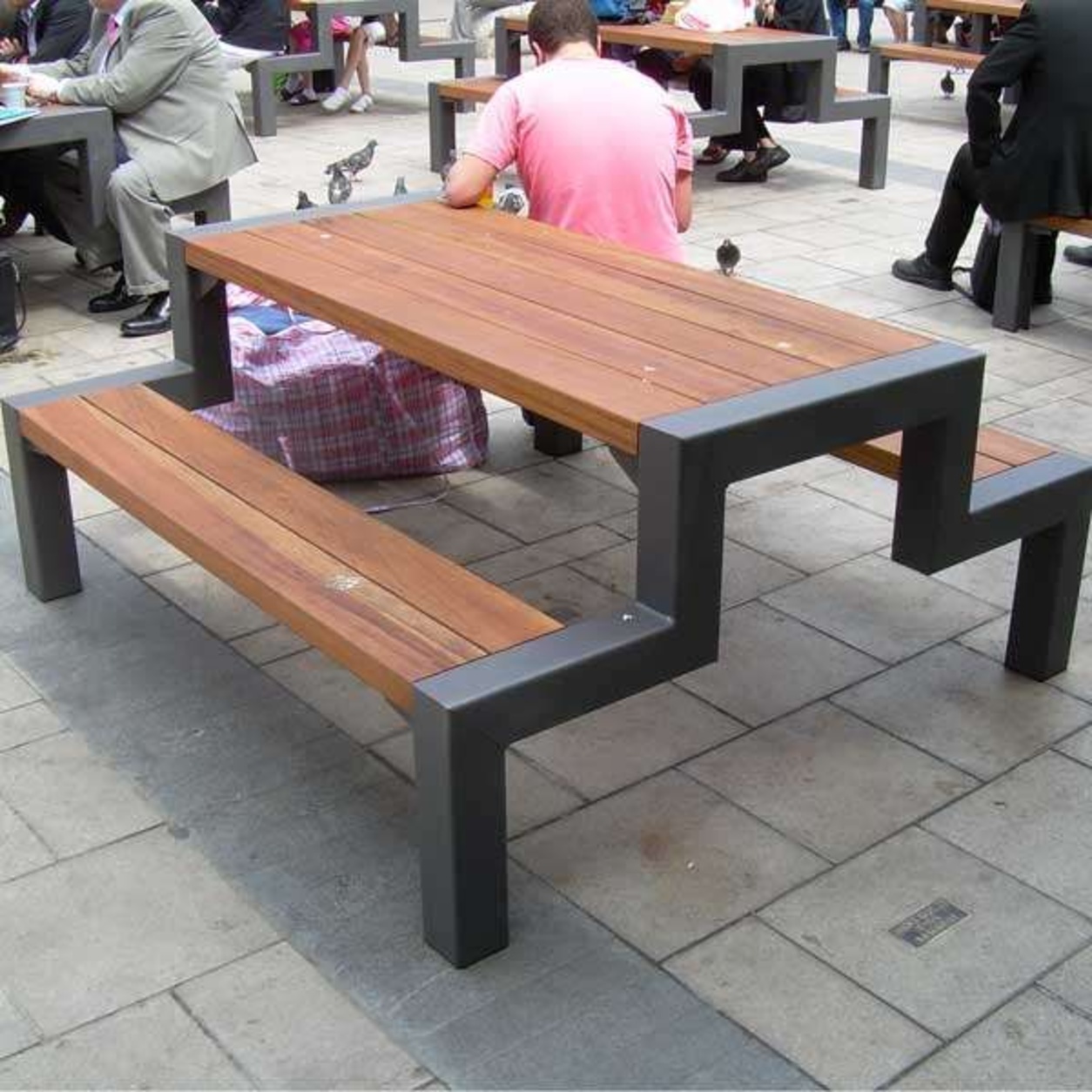 Modern Commercial Outdoor Picnic Table with Integrated Benches | Heavy-Duty Wooden & Steel Patio Dining Set