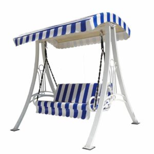 Blue & White Striped Garden Swing Bench with Shade Roof